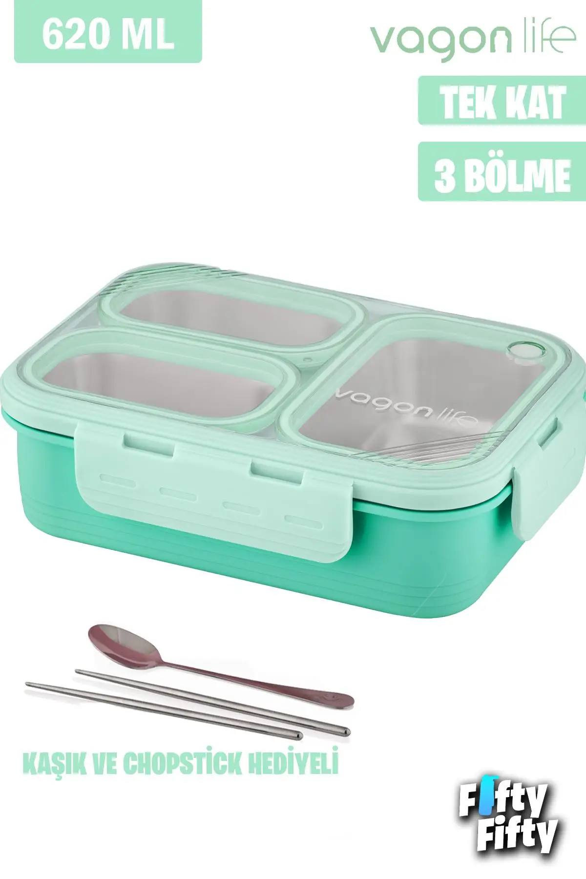 Vagonlife Lunch Box 620 ML Tek Kat Üç Bölmeli Metal Kaşıklı Yeni Nesil Sefer Tası-FFLBOX7097