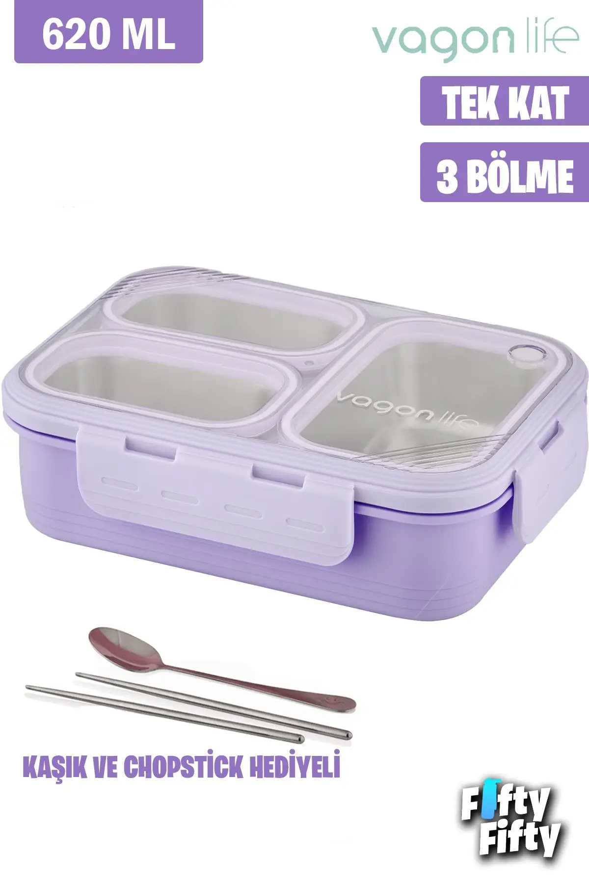 Vagonlife Lunch Box 620 ML Tek Kat Üç Bölmeli Metal Kaşıklı Yeni Nesil Sefer Tası-FFLBOX7097