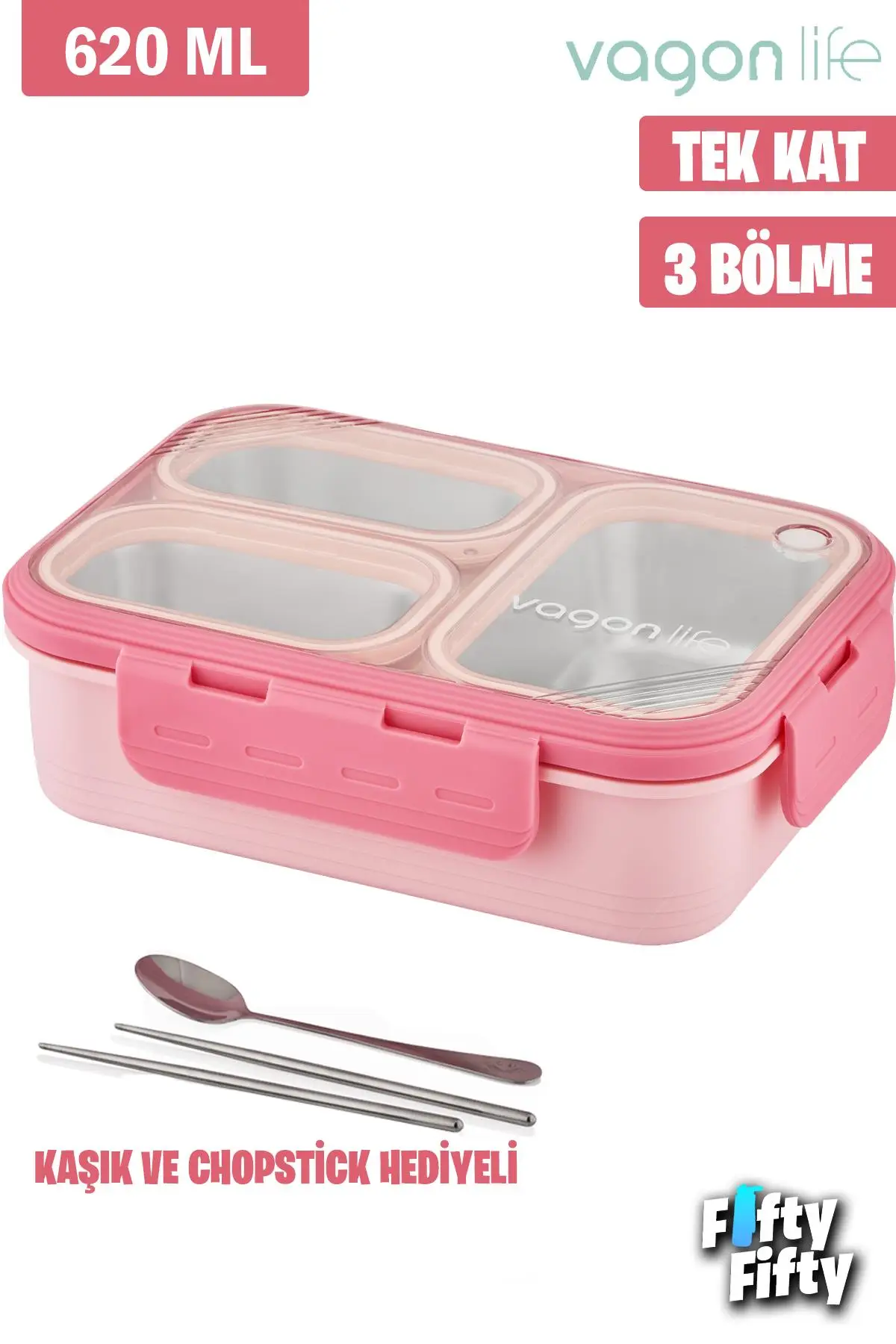 Vagonlife Lunch Box 620 ML Tek Kat Üç Bölmeli Metal Kaşıklı Yeni Nesil Sefer Tası-FFLBOX7097