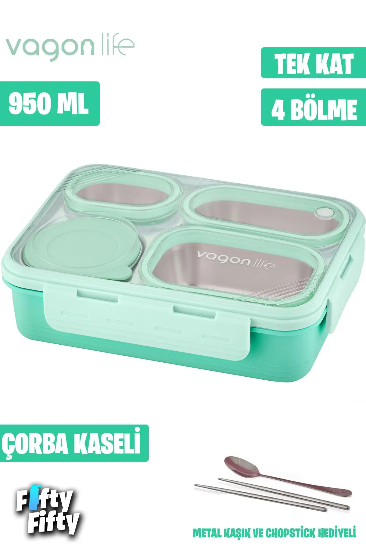 Vagonlife Lunch Box 950 ML Paslanmaz Çelik Tek Kat Dört Bölmeli Çorba Kaseli Metal Kaşıklı-FFLBOX7099 - Yeşil