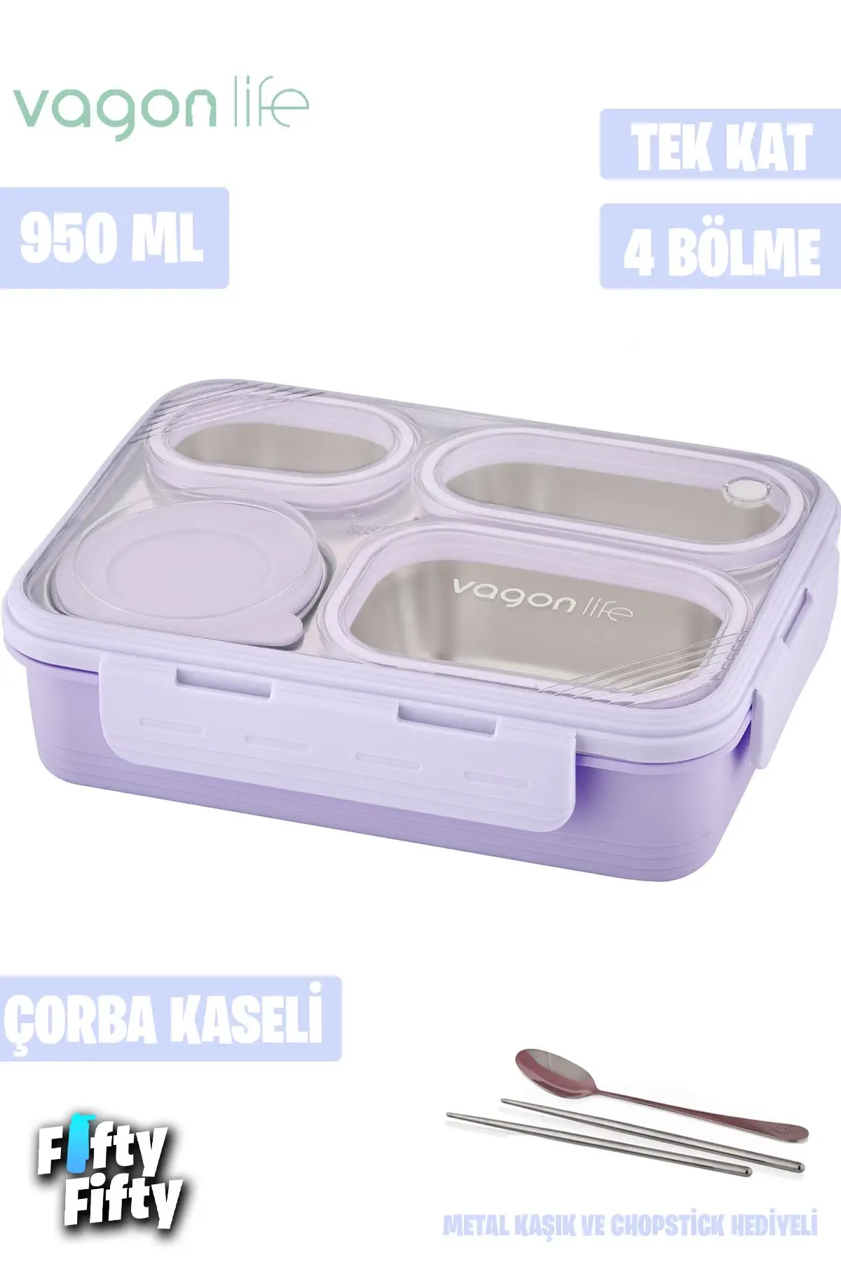 Vagonlife Lunch Box 950 ML Paslanmaz Çelik Tek Kat Dört Bölmeli Çorba Kaseli Metal Kaşıklı-FFLBOX7099