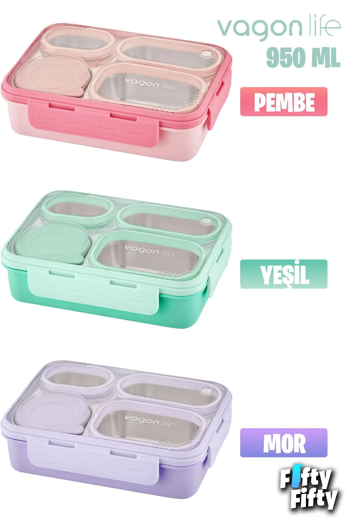 Vagonlife Lunch Box 950 ML Paslanmaz Çelik Tek Kat Dört Bölmeli Çorba Kaseli Metal Kaşıklı-FFLBOX7099