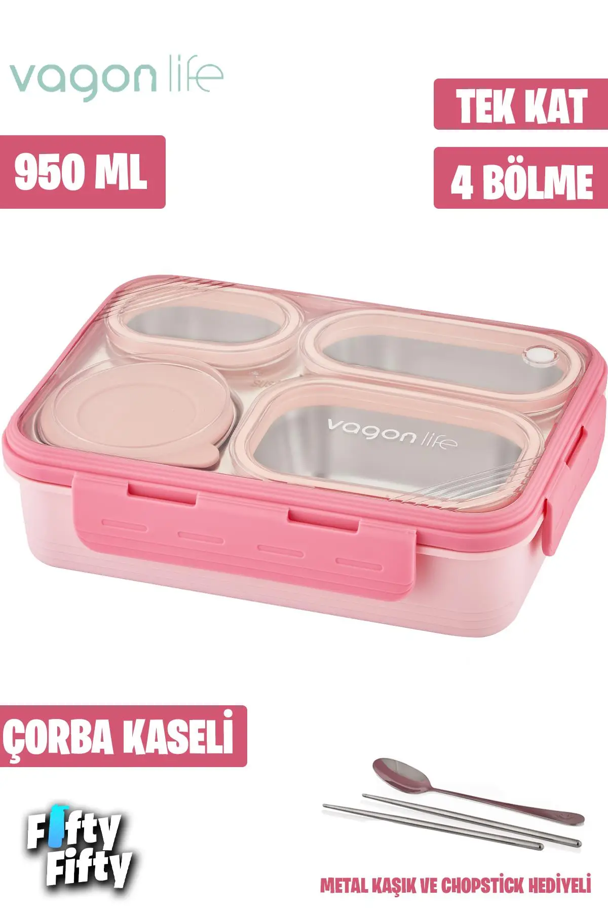 Vagonlife Lunch Box 950 ML Paslanmaz Çelik Tek Kat Dört Bölmeli Çorba Kaseli Metal Kaşıklı-FFLBOX7099 - Pembe