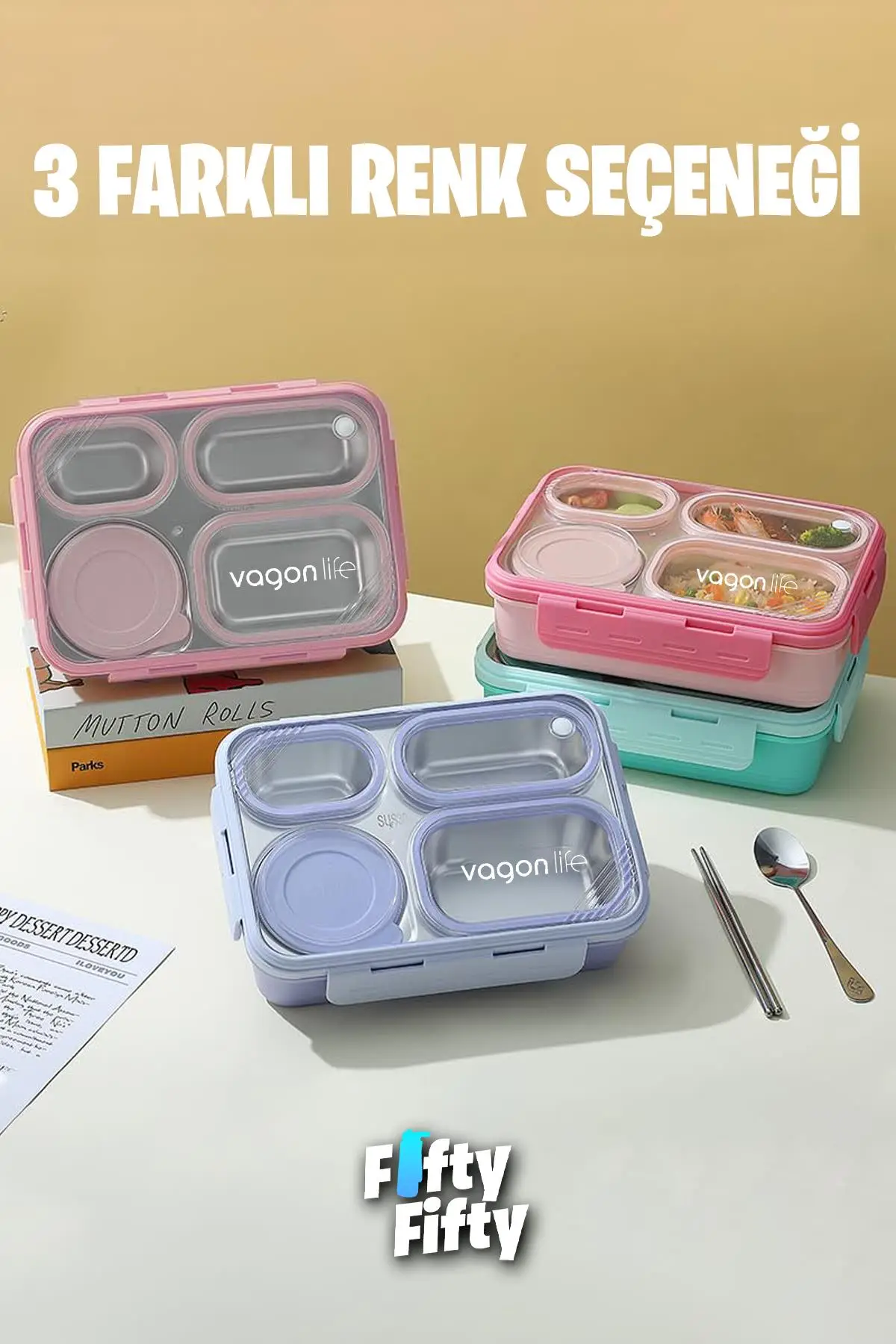 Vagonlife Lunch Box 950 ML Paslanmaz Çelik Tek Kat Dört Bölmeli Çorba Kaseli Metal Kaşıklı-FFLBOX7099
