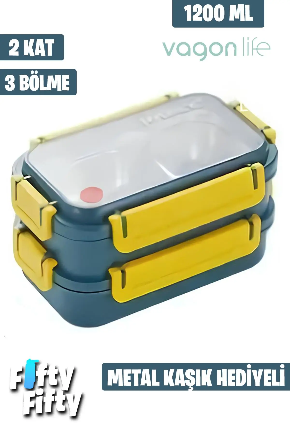 Vagonlife Lunch Box 1200 ML İki Kat Üç Bölme Paslanmaz Çelik-Metal Kaşıklı-FFLBOX2215 - Lacivert
