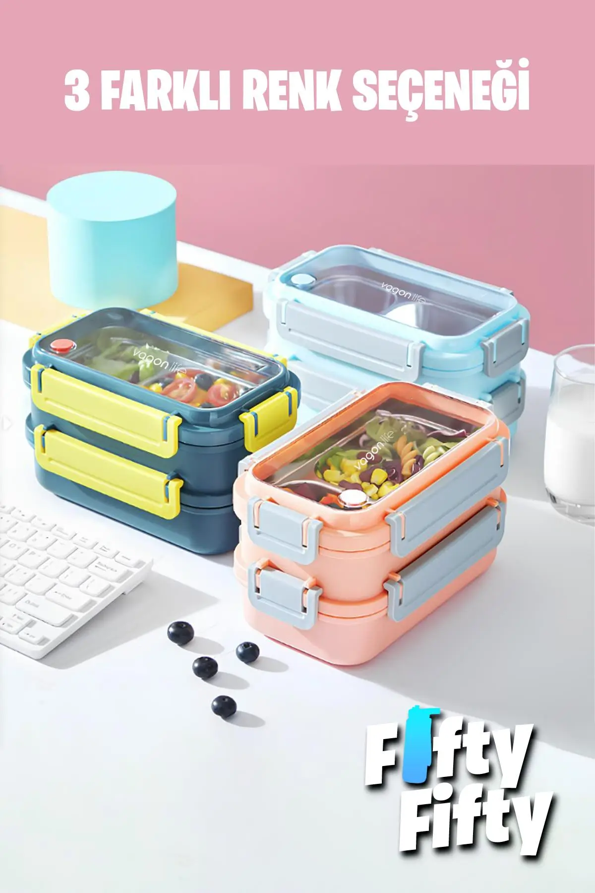 Vagonlife Lunch Box 1200 ML İki Kat Üç Bölme Paslanmaz Çelik-Metal Kaşıklı-FFLBOX2215