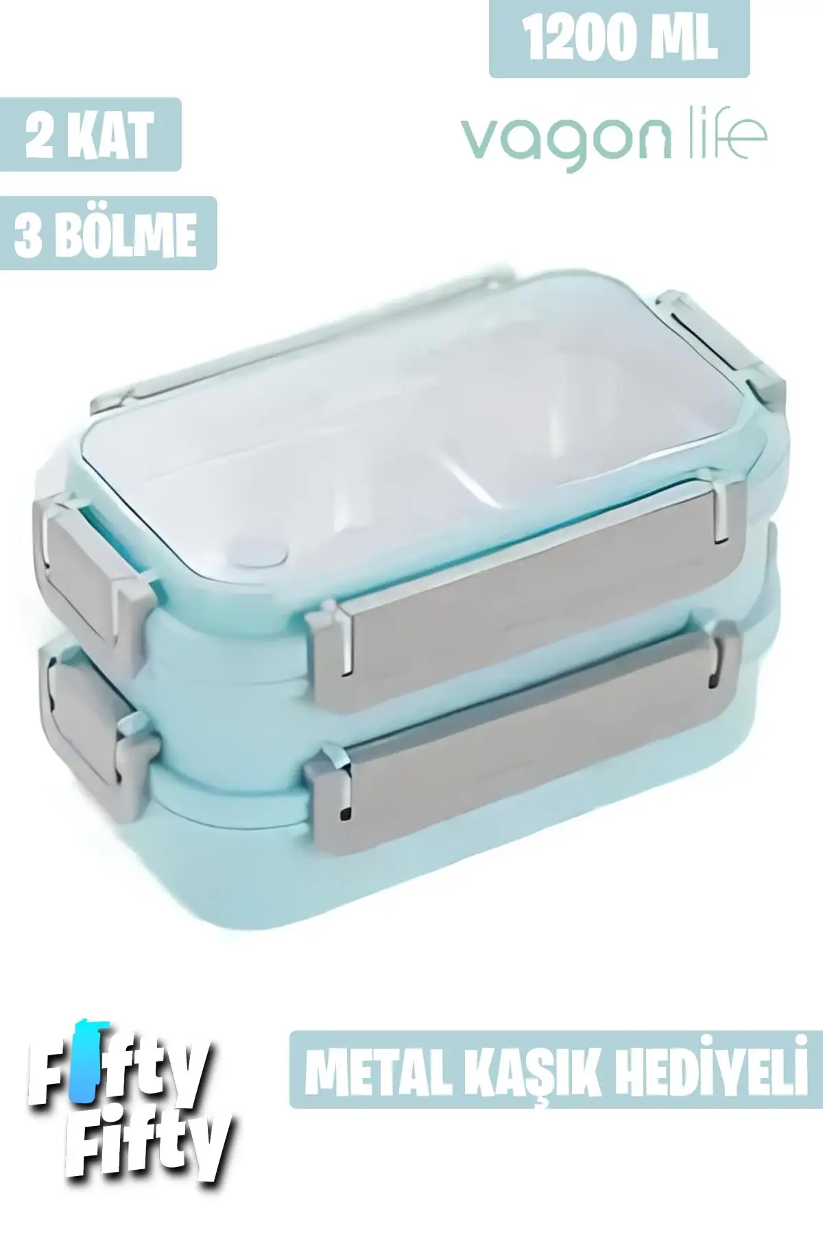 Vagonlife Lunch Box 1200 ML İki Kat Üç Bölme Paslanmaz Çelik-Metal Kaşıklı-FFLBOX2215 - Turkuaz
