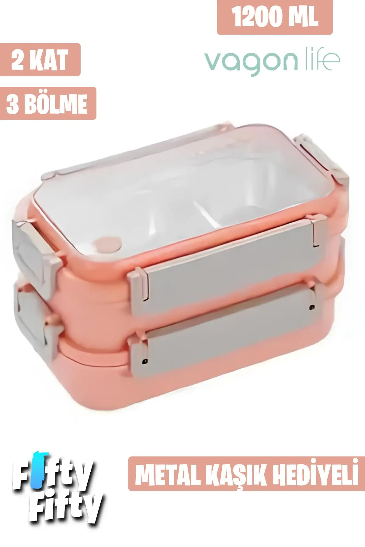 Vagonlife Lunch Box 1200 ML İki Kat Üç Bölme Paslanmaz Çelik-Metal Kaşıklı-FFLBOX2215