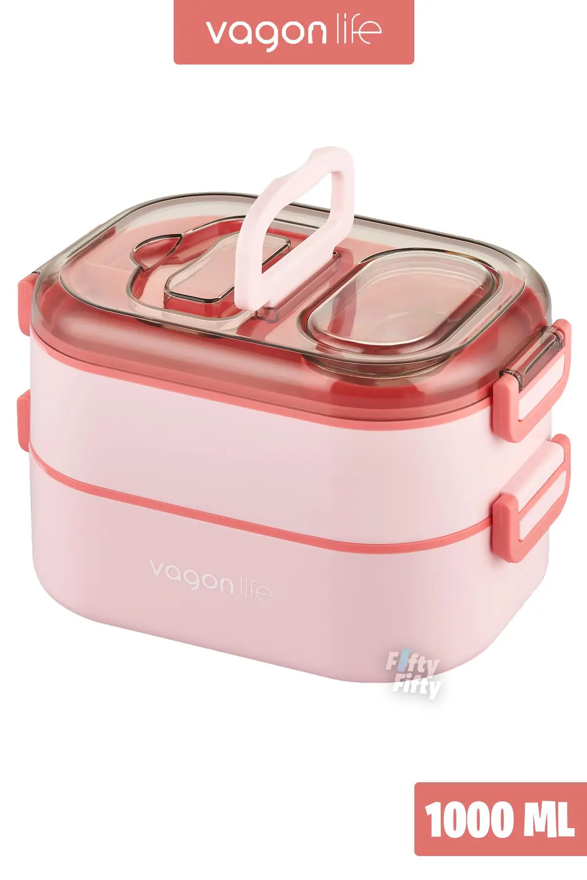 Vagonlife 1000 ML İki Kat Üç Bölme Paslanmaz Çelik Bento Lunch Box Yeni Nesil Sefer Tası-Sos Kaseli Mode - Pembe