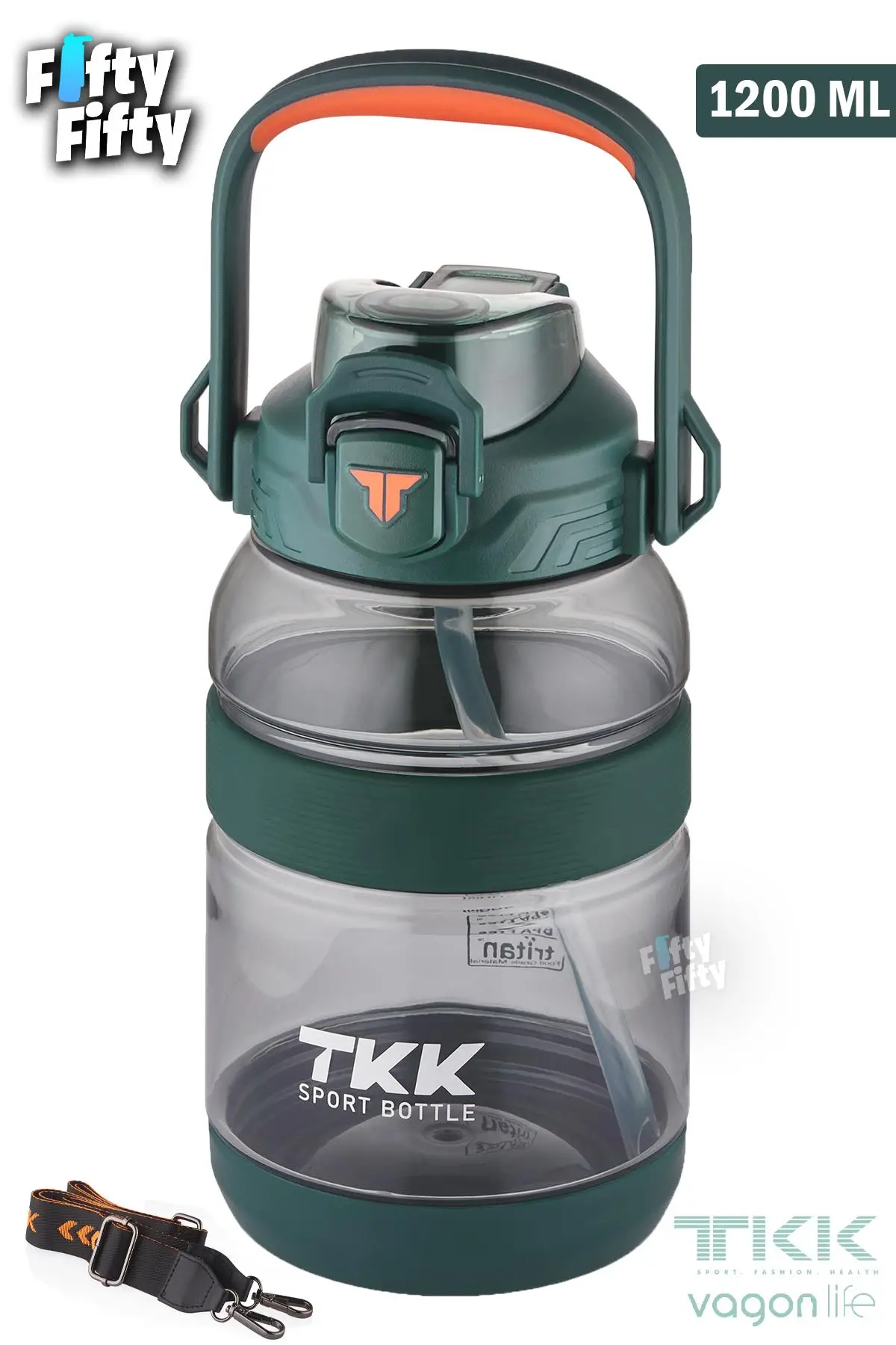 TKK 1200 ML Tek Kapak Çift Kullanım Pipetli/Rahat İçim Tritan Su Matarası-FFTKK1026-1200ML - Yeşil
