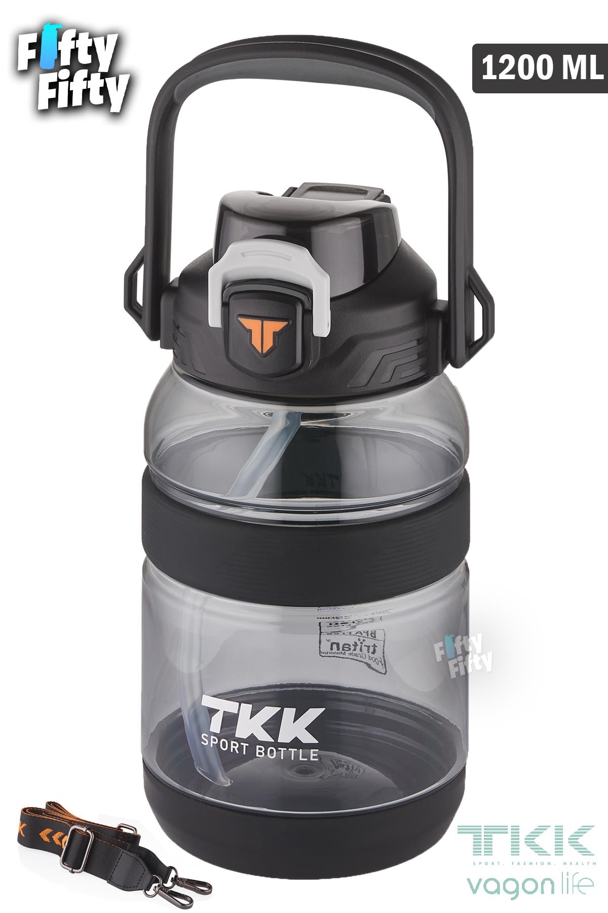 TKK 1200 ML Tek Kapak Çift Kullanım Pipetli/Rahat İçim Tritan Su Matarası-FFTKK1026-1200ML - Siyah