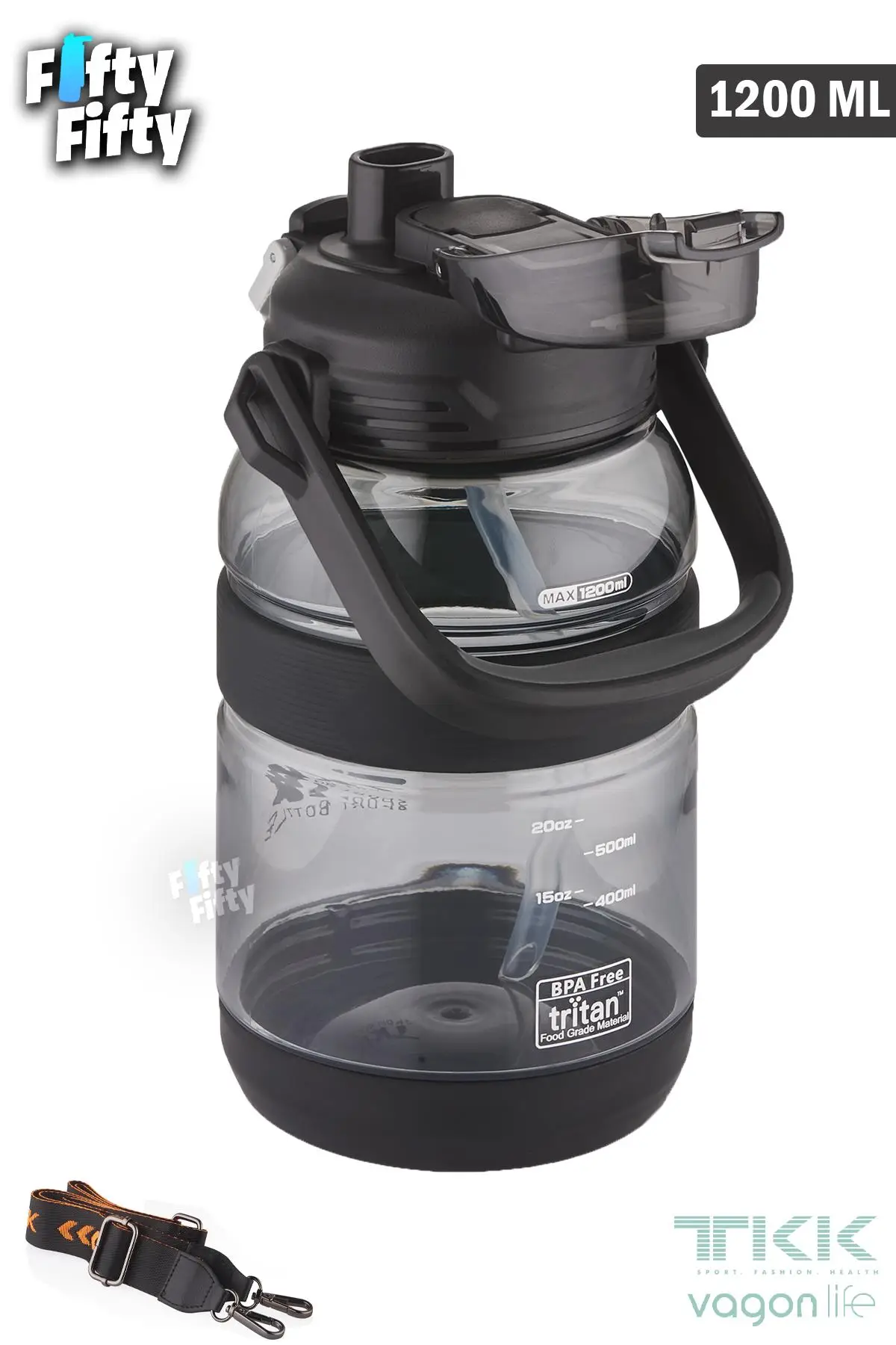 TKK 1200 ML Tek Kapak Çift Kullanım Pipetli/Rahat İçim Tritan Su Matarası-FFTKK1026-1200ML