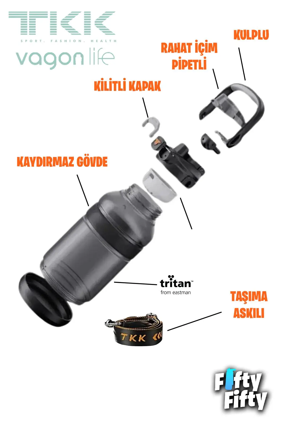 TKK 1200 ML Tek Kapak Çift Kullanım Pipetli/Rahat İçim Tritan Su Matarası-FFTKK1026-1200ML