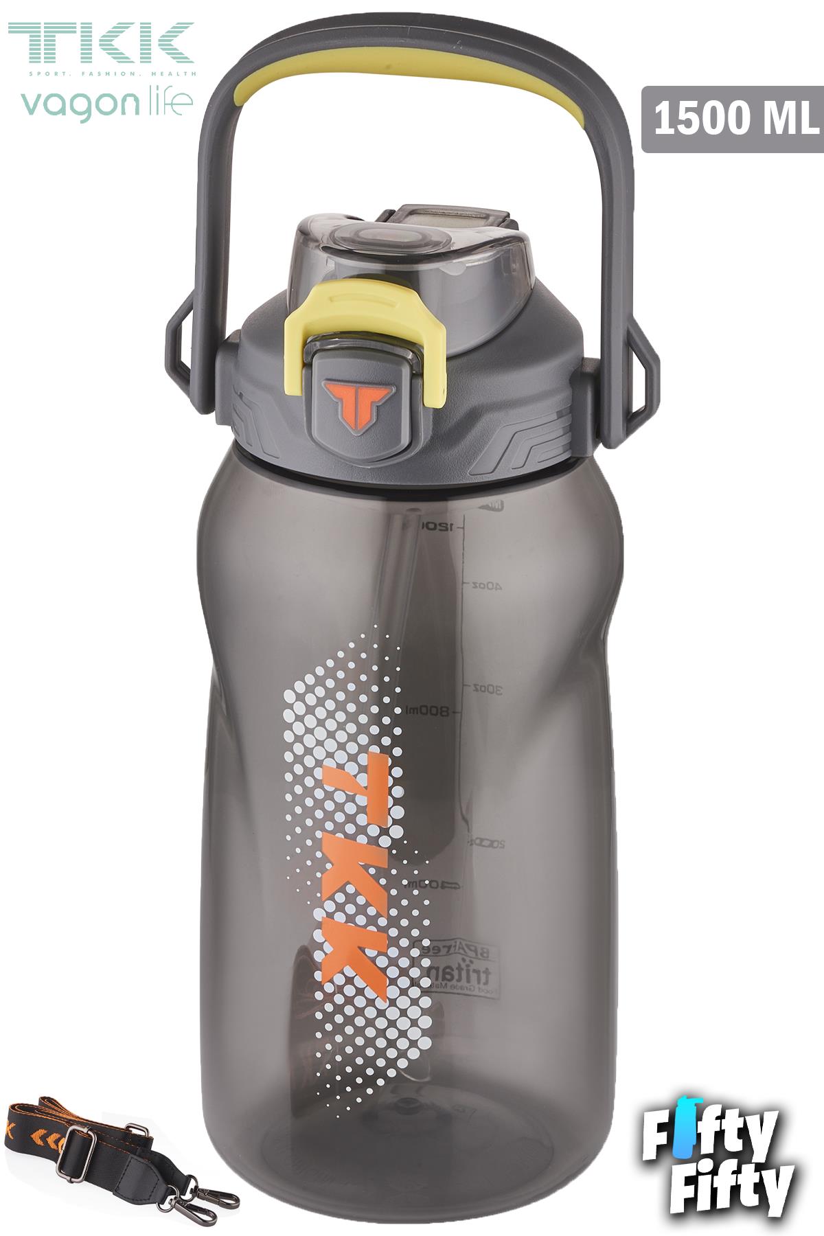 TKK 1500 ML Tek Kapak Çift Kullanım Pipetli/Rahat İçim Tritan Su Matarası-FFTKK1027-1500ML - Gri