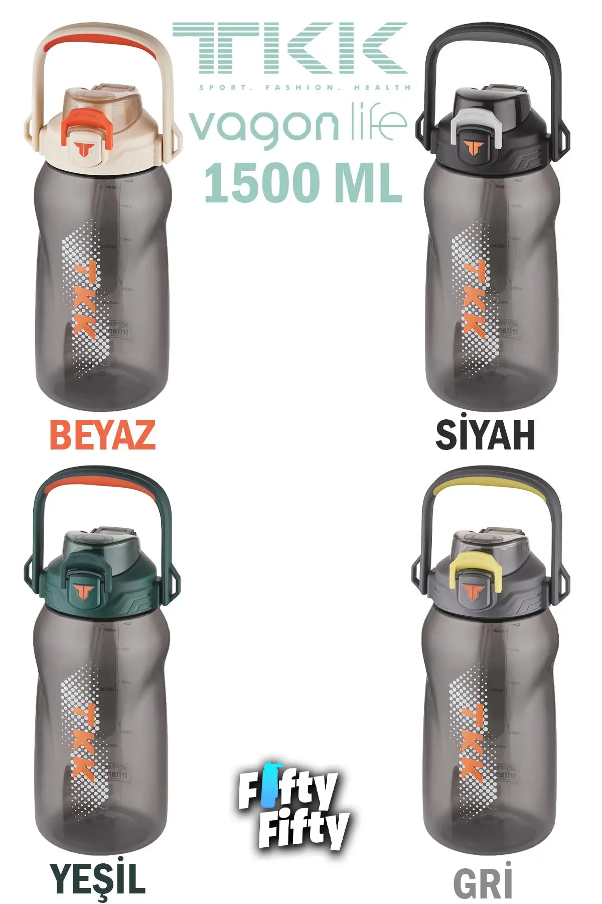 TKK 1500 ML Tek Kapak Çift Kullanım Pipetli/Rahat İçim Tritan Su Matarası-FFTKK1027-1500ML
