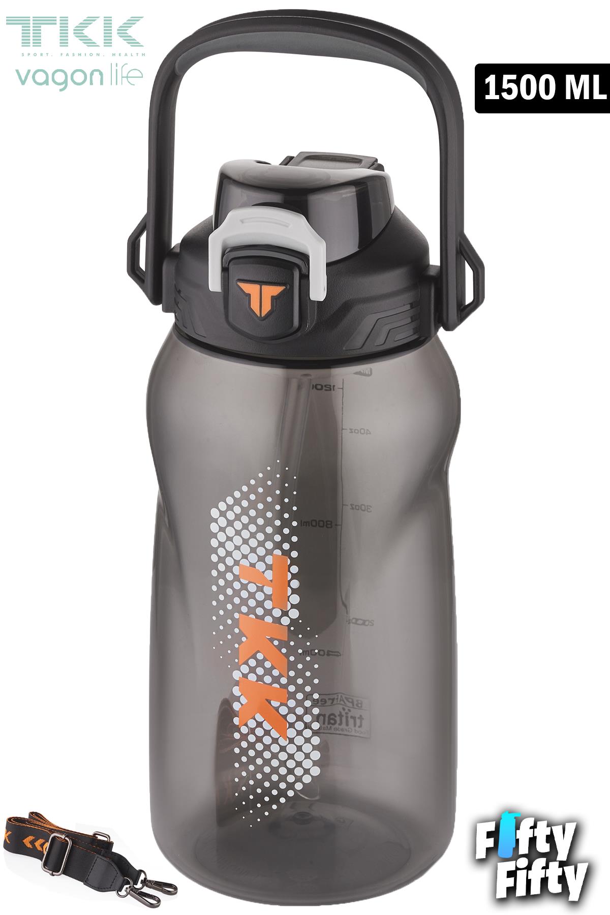 TKK 1500 ML Tek Kapak Çift Kullanım Pipetli/Rahat İçim Tritan Su Matarası-FFTKK1027-1500ML - Siyah
