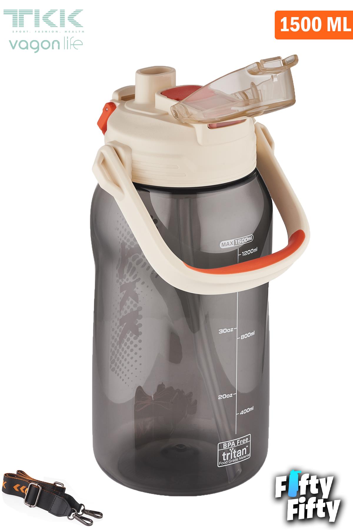 TKK 1500 ML Tek Kapak Çift Kullanım Pipetli/Rahat İçim Tritan Su Matarası-FFTKK1027-1500ML
