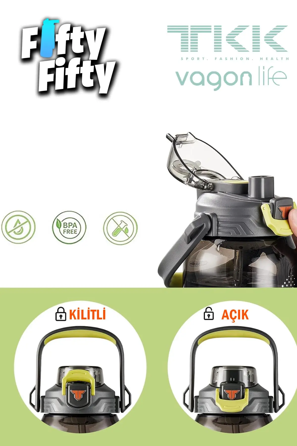 TKK 1500 ML Tek Kapak Çift Kullanım Pipetli/Rahat İçim Tritan Su Matarası-FFTKK1027-1500ML