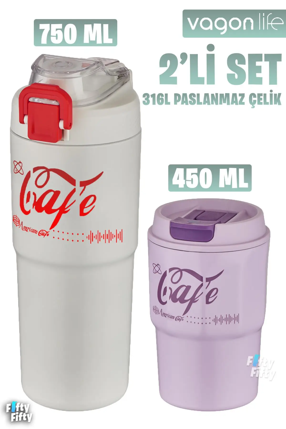 Vagonlife 2`li Çelik Termos-Kahve Bardağı Seti 750ML Çift Kullanım Termos//450ML Mug Kahve Bardağı