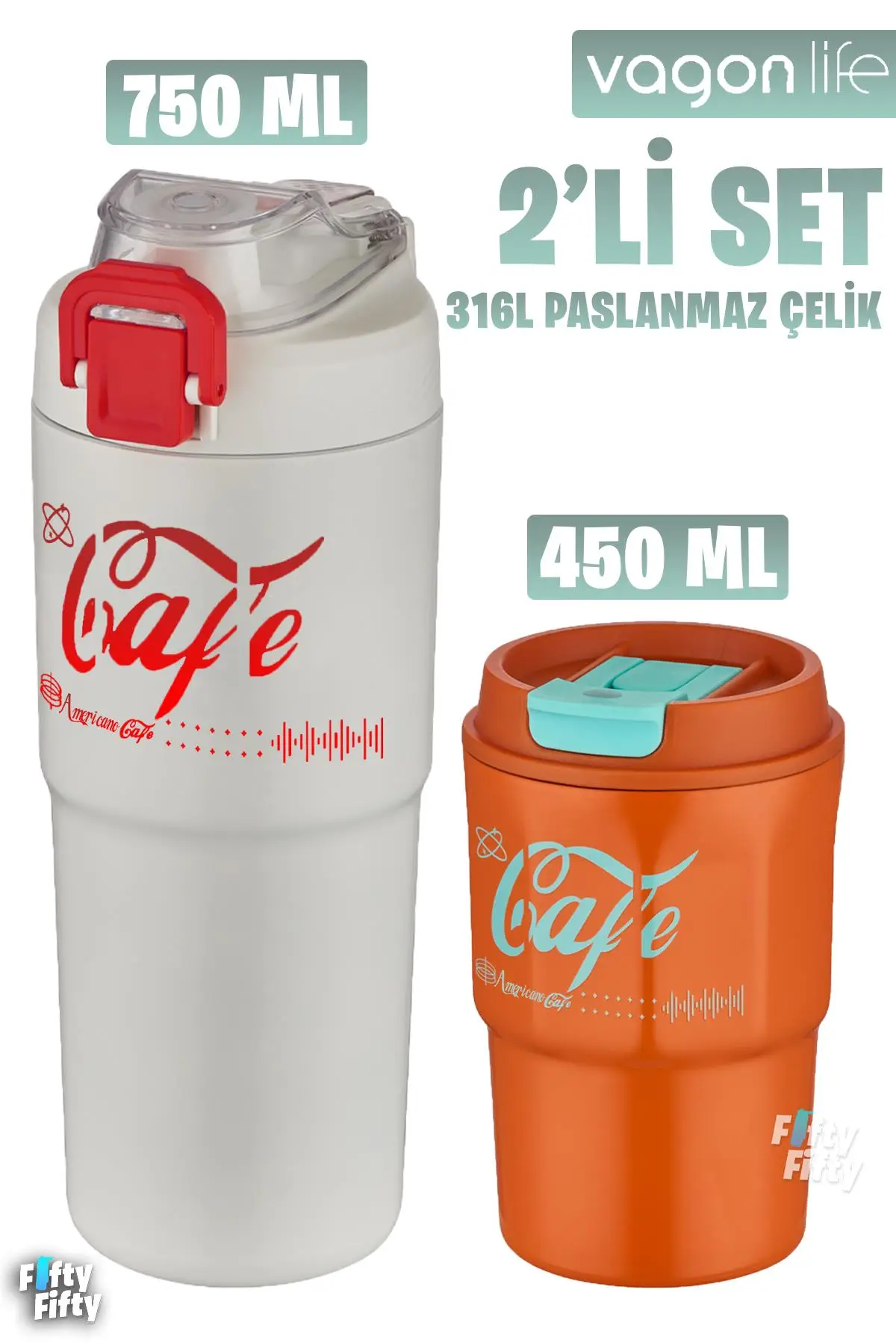 Vagonlife 2`li Çelik Termos-Kahve Bardağı Seti 750ML Çift Kullanım Termos//450ML Mug Kahve Bardağı
