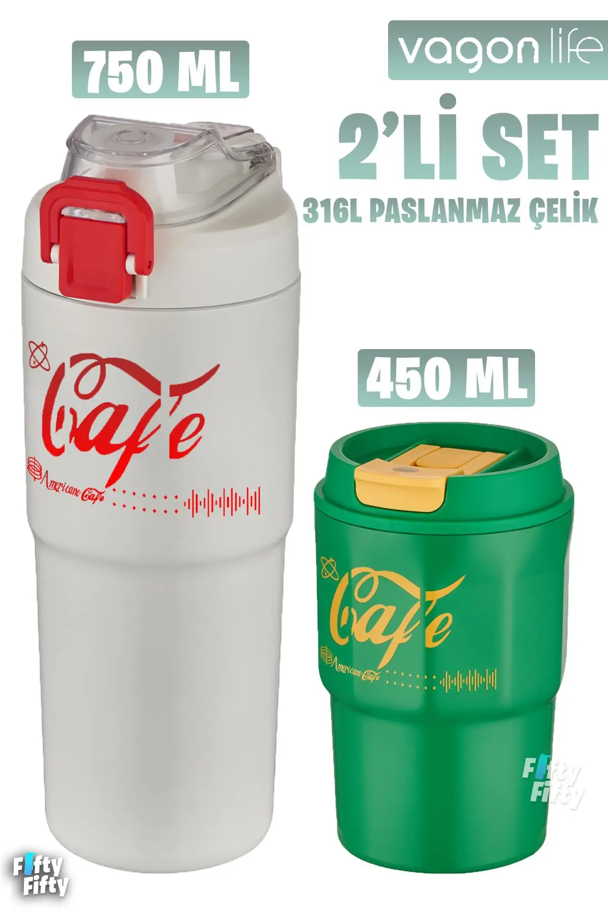 Vagonlife 2`li Çelik Termos-Kahve Bardağı Seti 750ML Çift Kullanım Termos//450ML Mug Kahve Bardağı