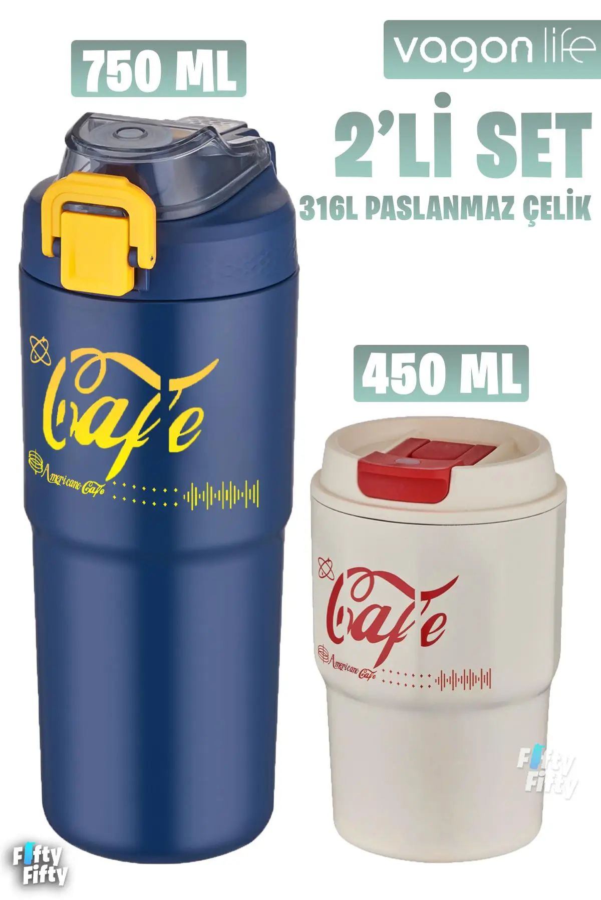 Vagonlife 2`li Çelik Termos-Kahve Bardağı Seti 750ML Çift Kullanım Termos//450ML Mug Kahve Bardağı