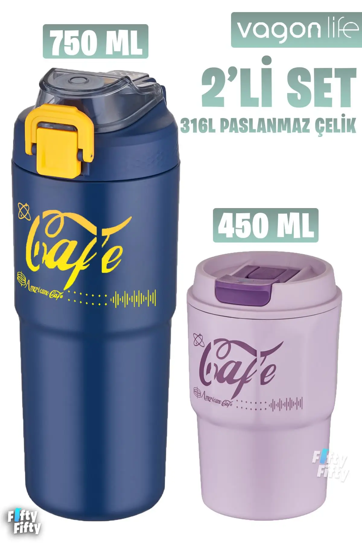 Vagonlife 2`li Çelik Termos-Kahve Bardağı Seti 750ML Çift Kullanım Termos//450ML Mug Kahve Bardağı