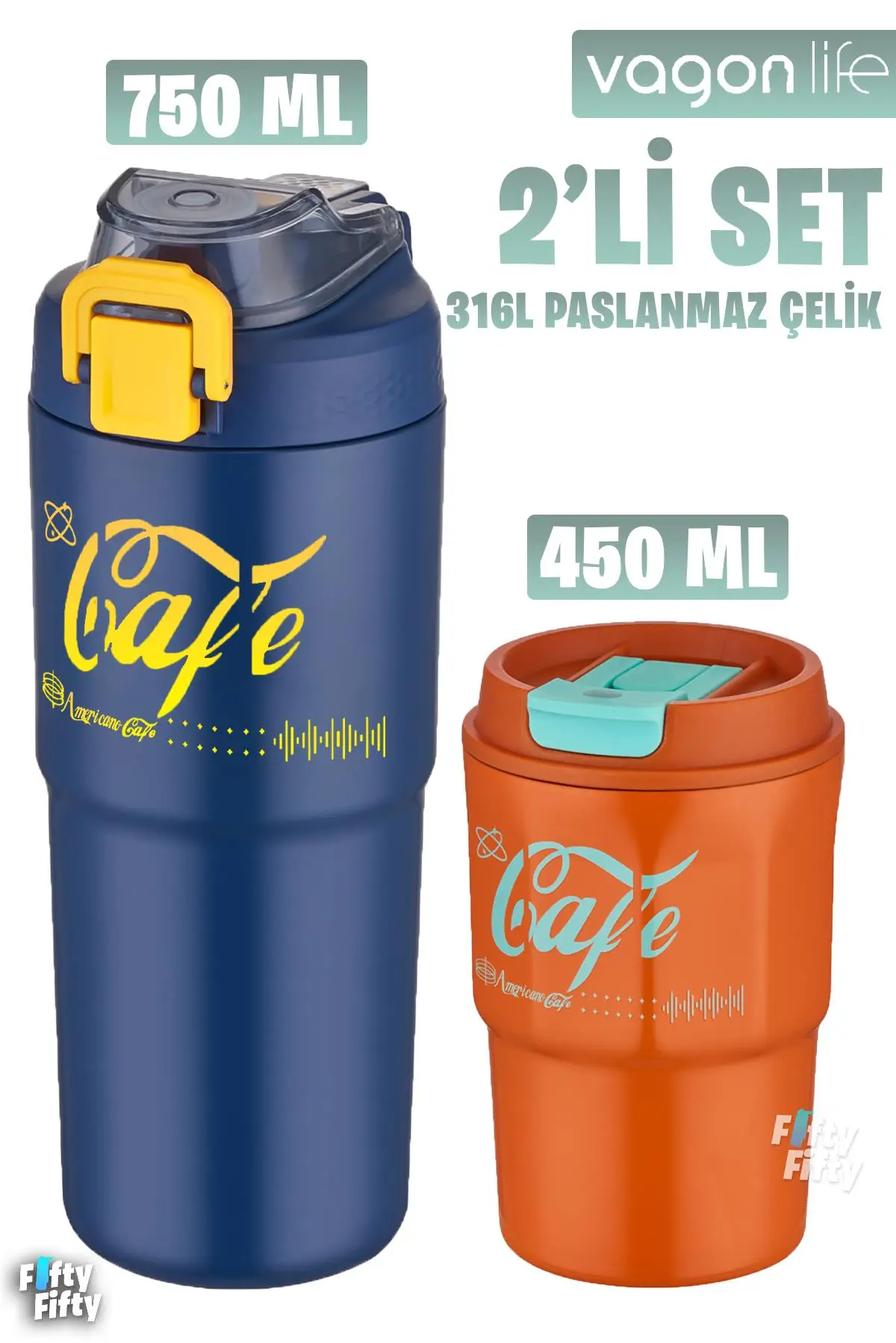 Vagonlife 2`li Çelik Termos-Kahve Bardağı Seti 750ML Çift Kullanım Termos//450ML Mug Kahve Bardağı
