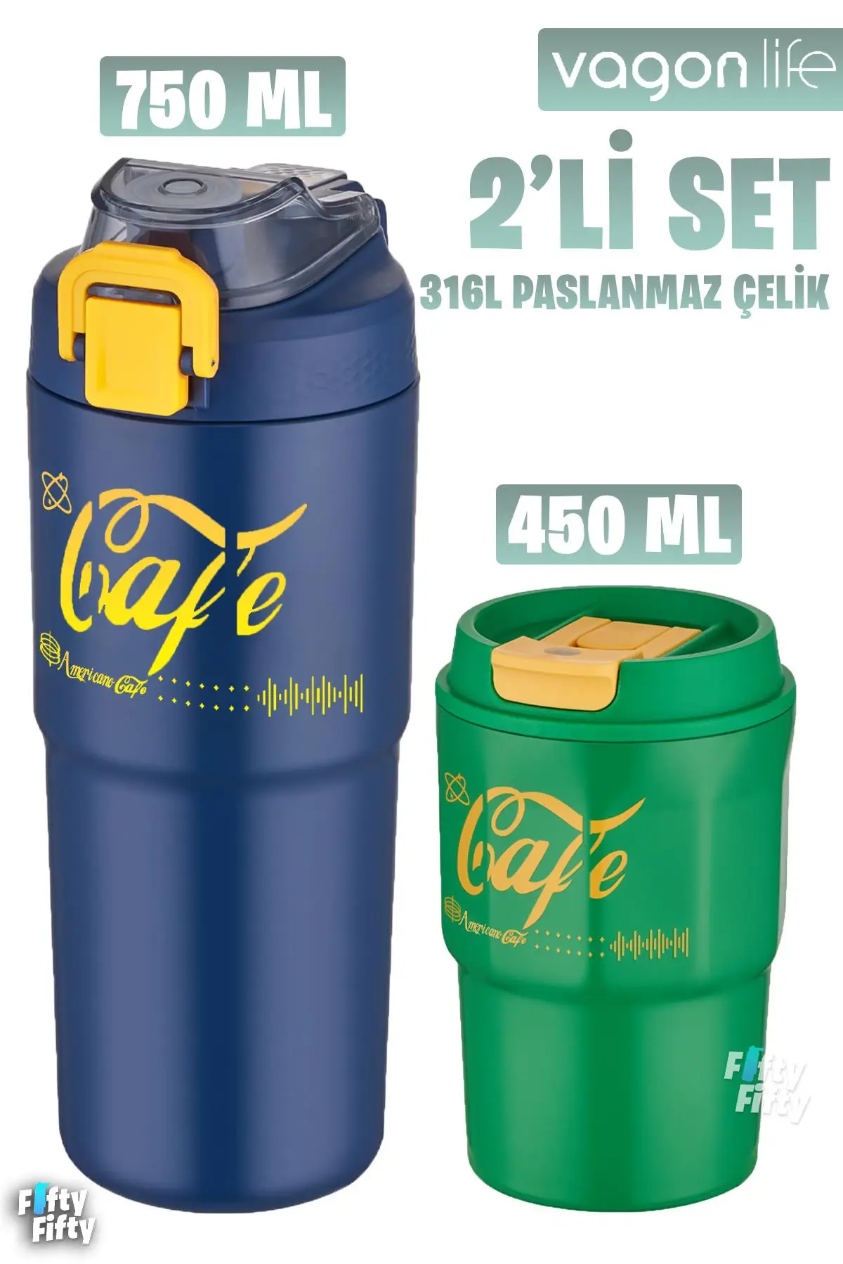 Vagonlife 2`li Çelik Termos-Kahve Bardağı Seti 750ML Çift Kullanım Termos//450ML Mug Kahve Bardağı