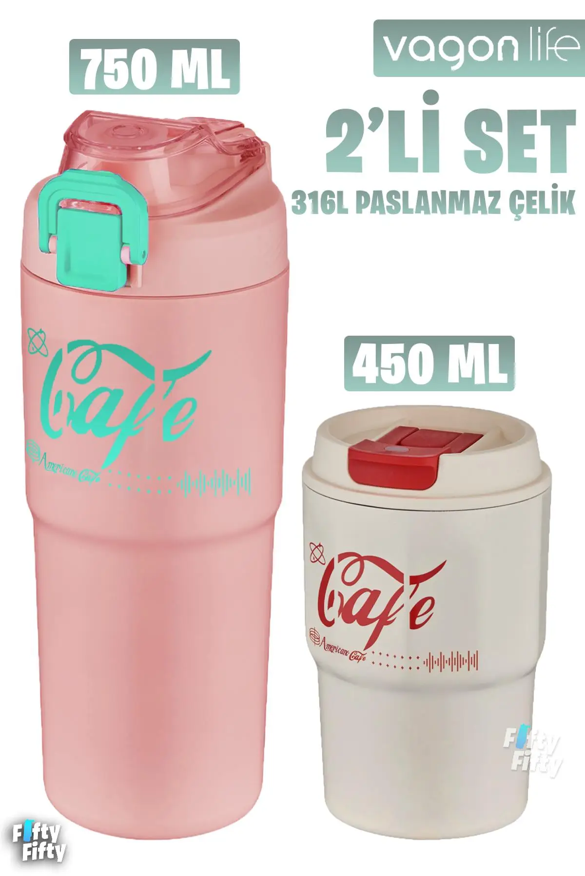 Vagonlife 2'li Çelik Termos-Kahve Bardağı Seti 750ML Çift Kullanım Termos//450ML Mug Kahve Bardağı - 750Pudra450Krem
