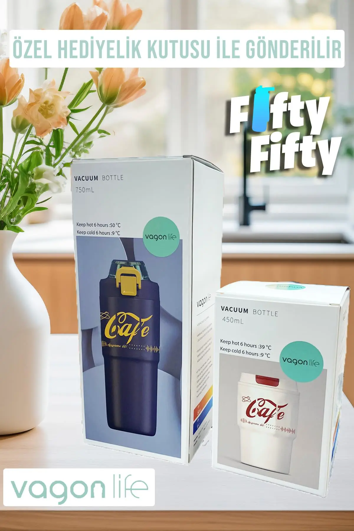 Vagonlife 2`li Çelik Termos-Kahve Bardağı Seti 750ML Çift Kullanım Termos//450ML Mug Kahve Bardağı