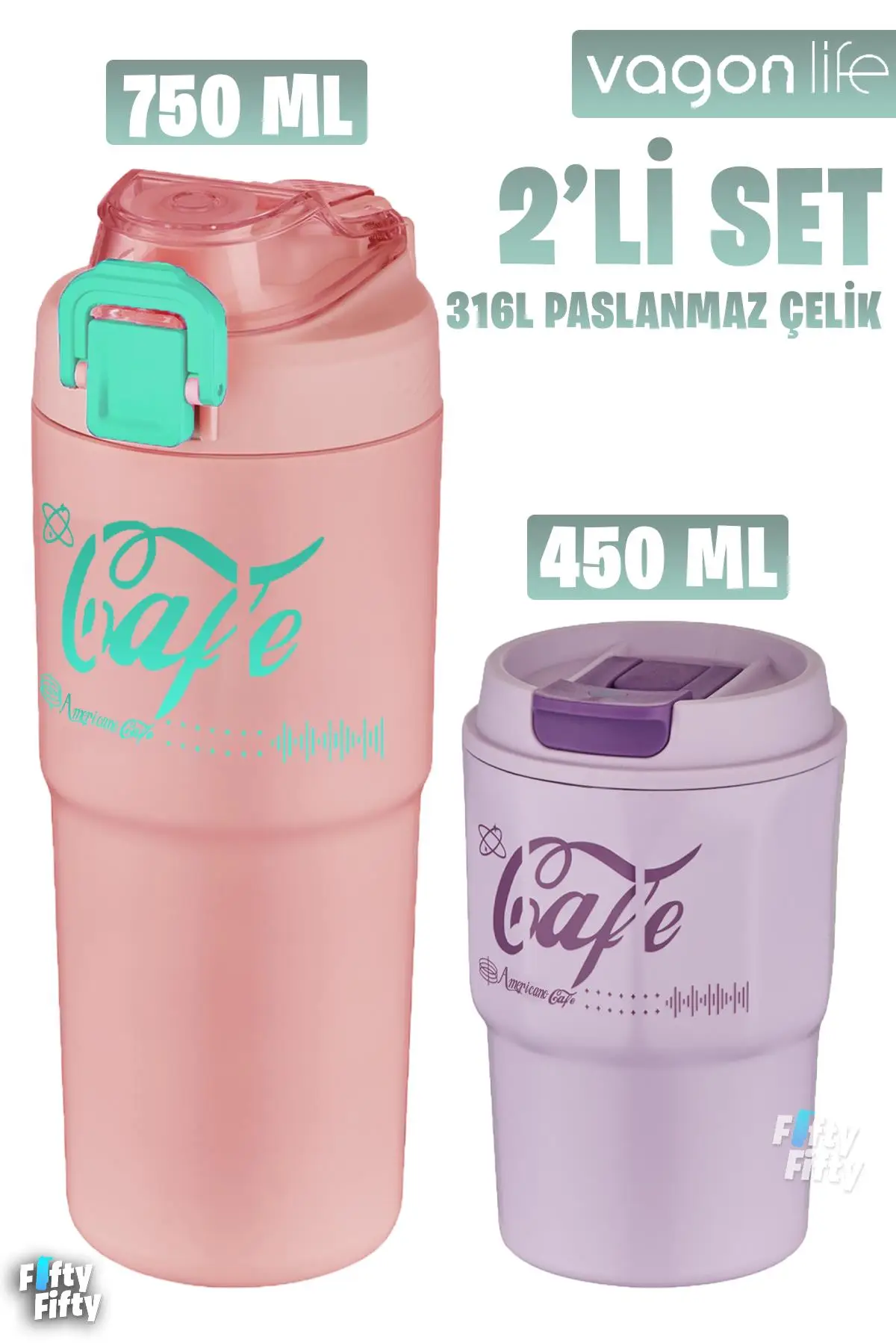 Vagonlife 2`li Çelik Termos-Kahve Bardağı Seti 750ML Çift Kullanım Termos//450ML Mug Kahve Bardağı