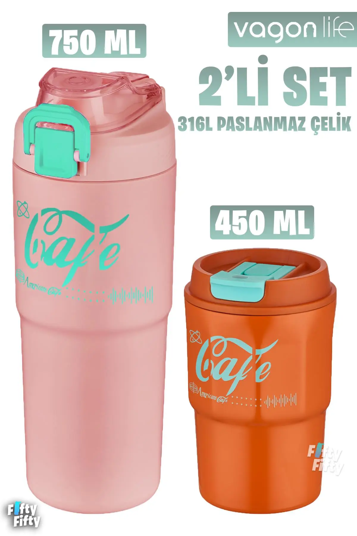Vagonlife 2'li Çelik Termos-Kahve Bardağı Seti 750ML Çift Kullanım Termos//450ML Mug Kahve Bardağı - 750Pudra-450Turuncu