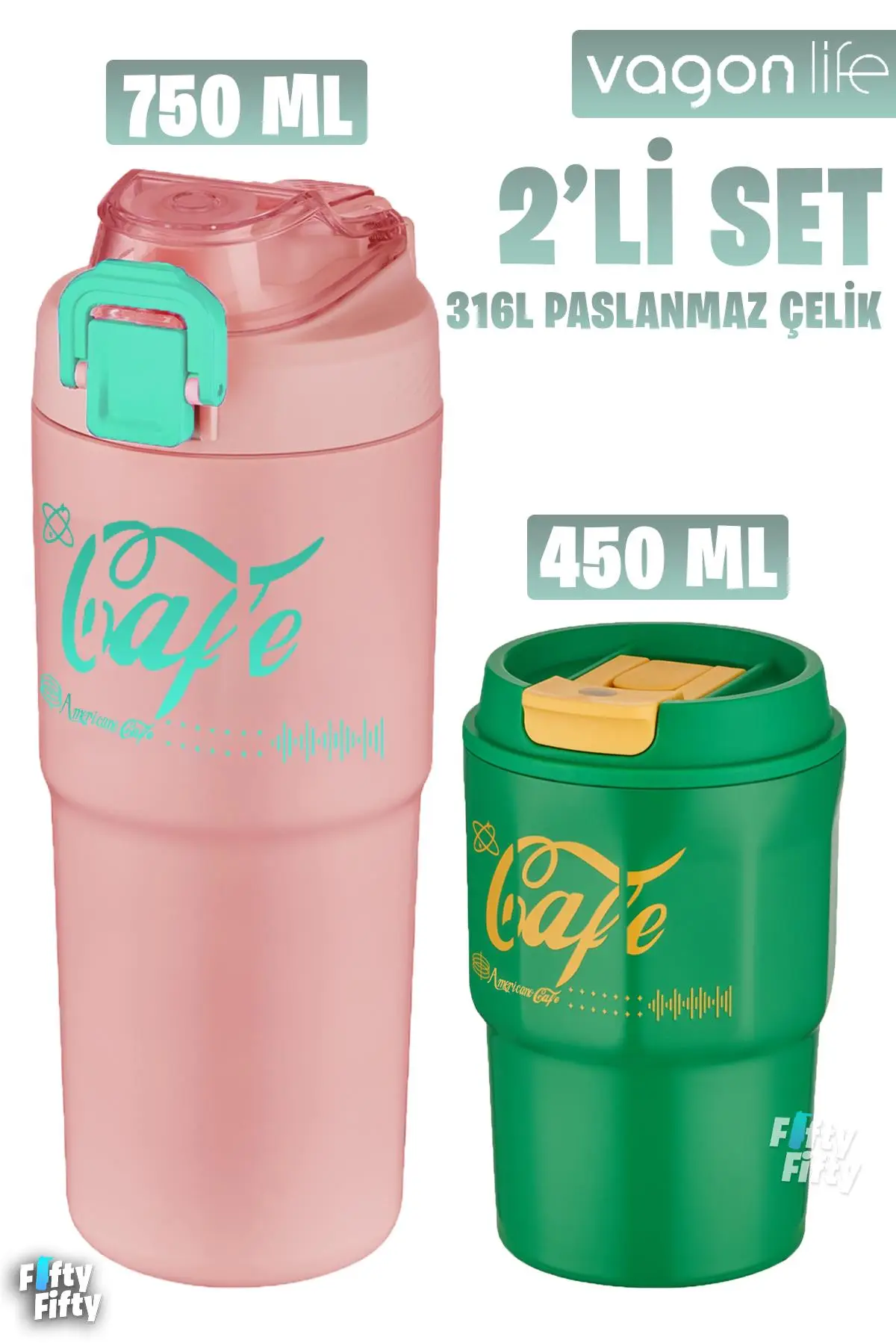 Vagonlife 2'li Çelik Termos-Kahve Bardağı Seti 750ML Çift Kullanım Termos//450ML Mug Kahve Bardağı - 750Pudra-450Yeşil