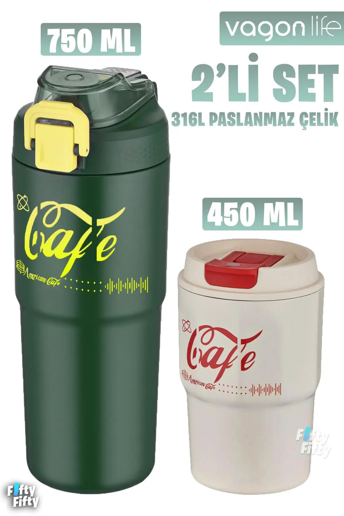 Vagonlife 2'li Çelik Termos-Kahve Bardağı Seti 750ML Çift Kullanım Termos//450ML Mug Kahve Bardağı - 750Yeşil-450Krem