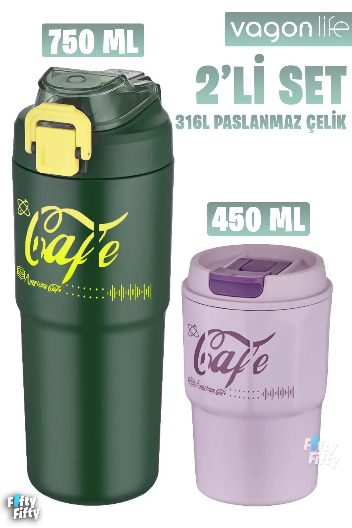 Vagonlife 2'li Çelik Termos-Kahve Bardağı Seti 750ML Çift Kullanım Termos//450ML Mug Kahve Bardağı - 750Yeşil-450Mor