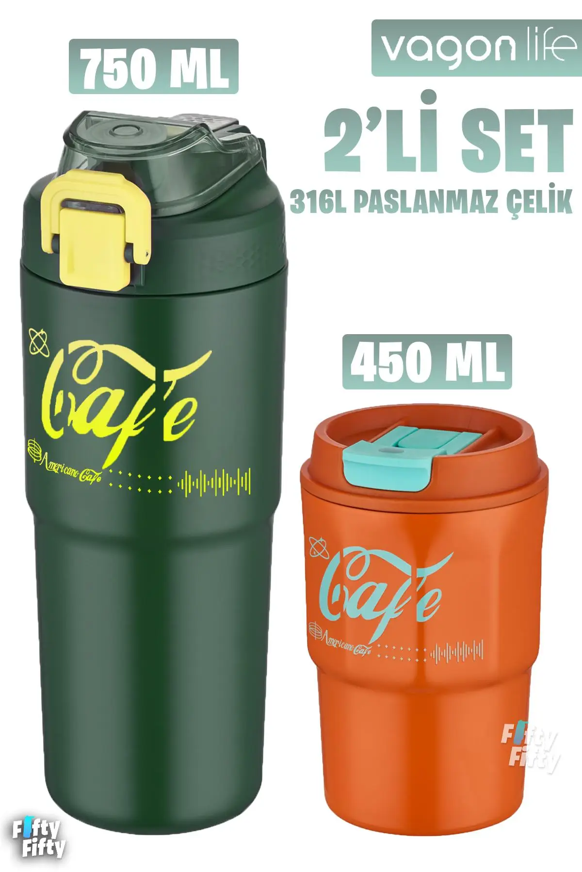 Vagonlife 2'li Çelik Termos-Kahve Bardağı Seti 750ML Çift Kullanım Termos//450ML Mug Kahve Bardağı - 750Yeşil-450Turuncu