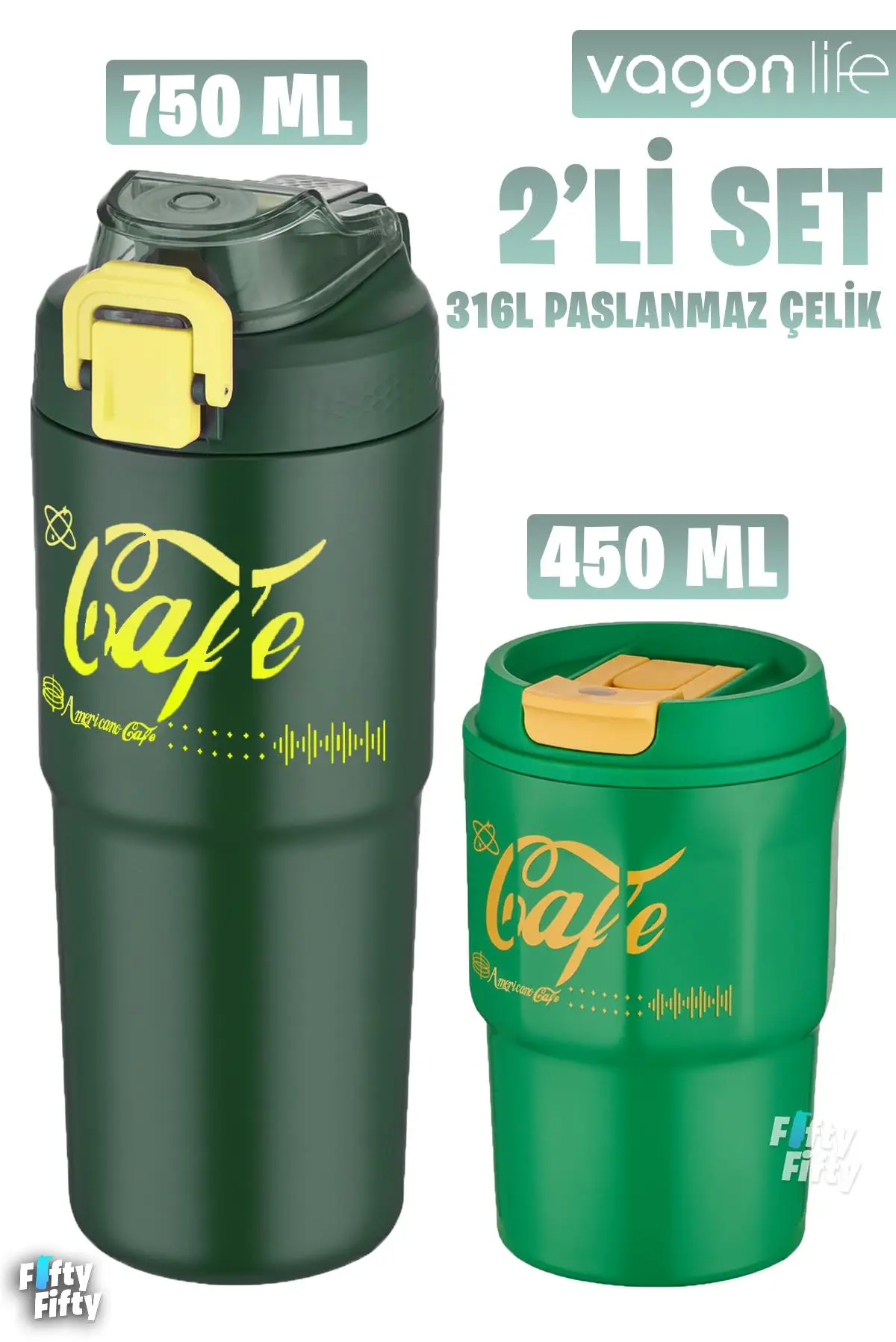 Vagonlife 2'li Çelik Termos-Kahve Bardağı Seti 750ML Çift Kullanım Termos//450ML Mug Kahve Bardağı - 750Yeşil-450Yeşil