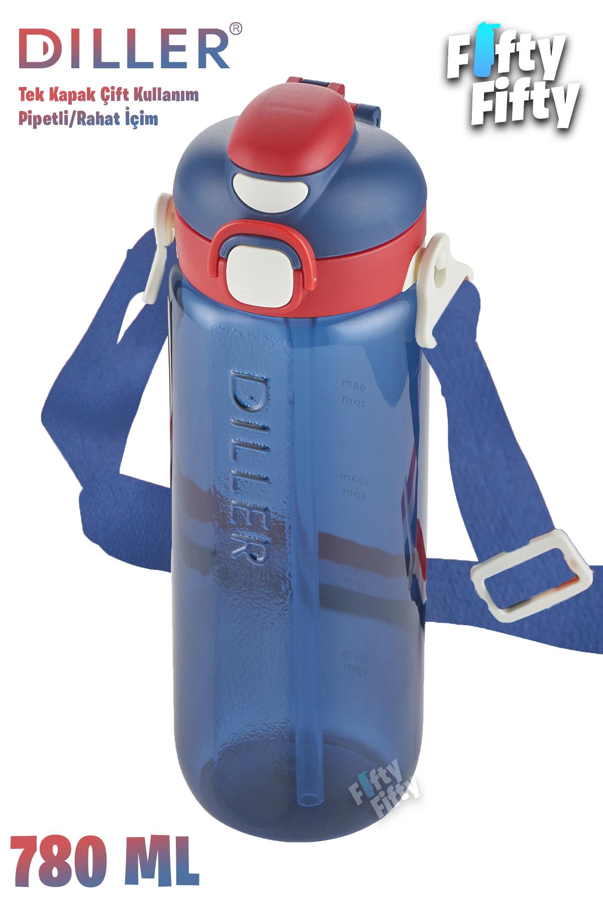 DILLER 780 ML Tek Kapak Çift Kullanım Pipetli/Pipetsiz Askılı Tritan Su Matarası-FFDILLERD68-780 - Lacivert