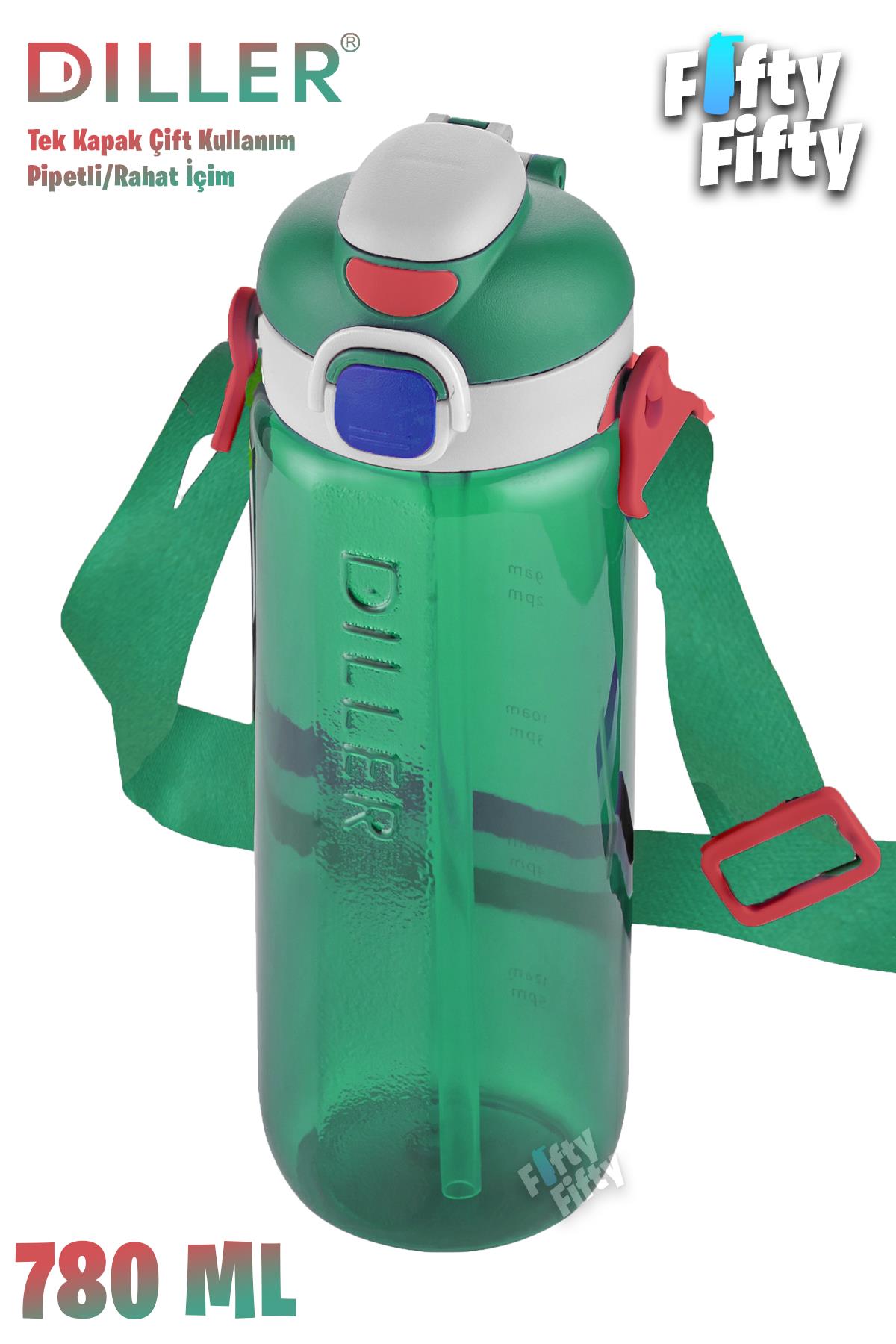 DILLER 780 ML Tek Kapak Çift Kullanım Pipetli/Pipetsiz Askılı Tritan Su Matarası-FFDILLERD68-780 - Yeşil