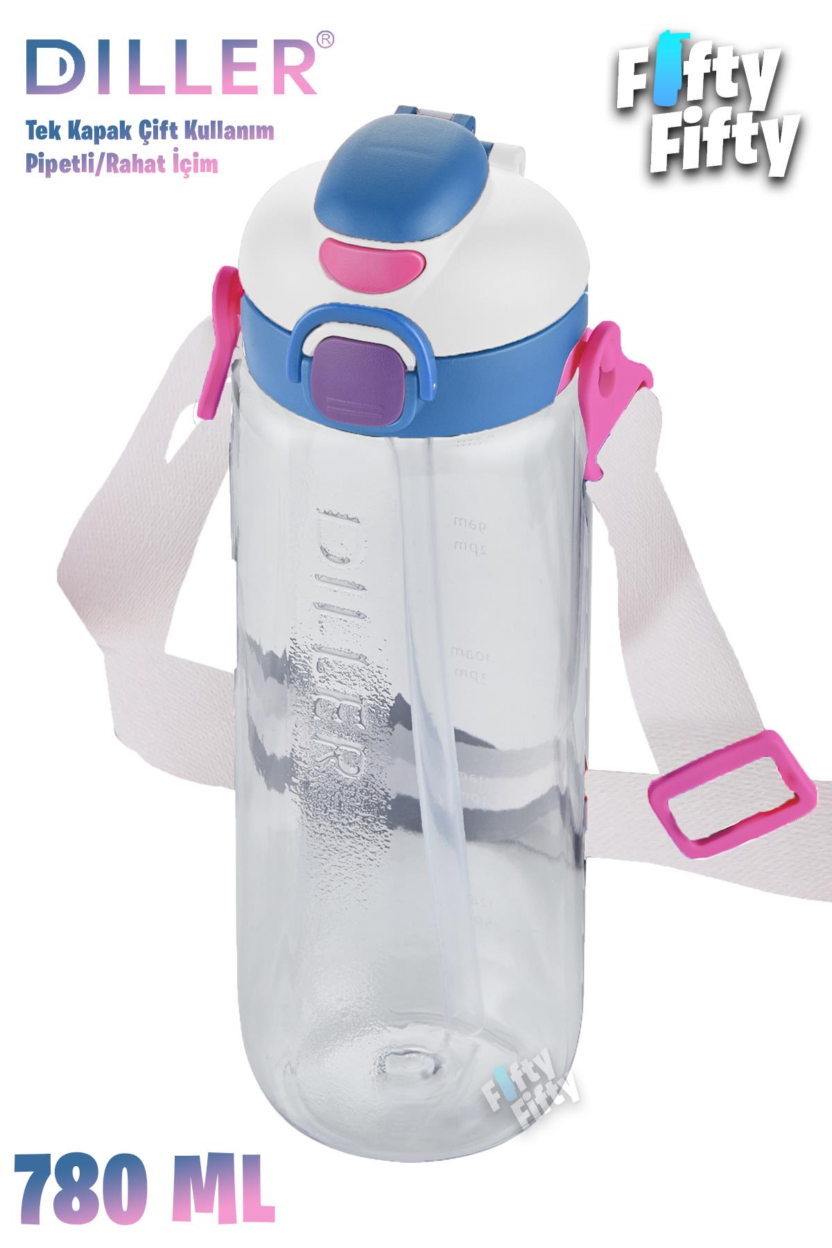 DILLER 780 ML Tek Kapak Çift Kullanım Pipetli/Pipetsiz Askılı Tritan Su Matarası-FFDILLERD68-780 - Beyaz