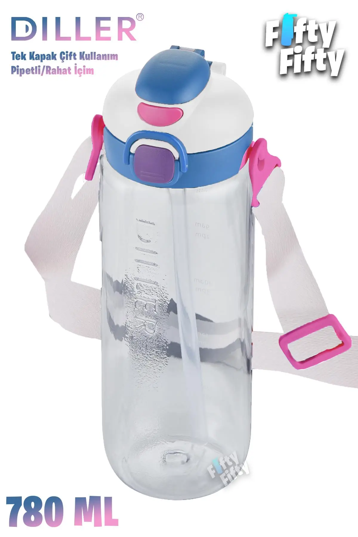 DILLER 780 ML Tek Kapak Çift Kullanım Pipetli/Pipetsiz Askılı Tritan Su Matarası-FFDILLERD68-780 - Beyaz