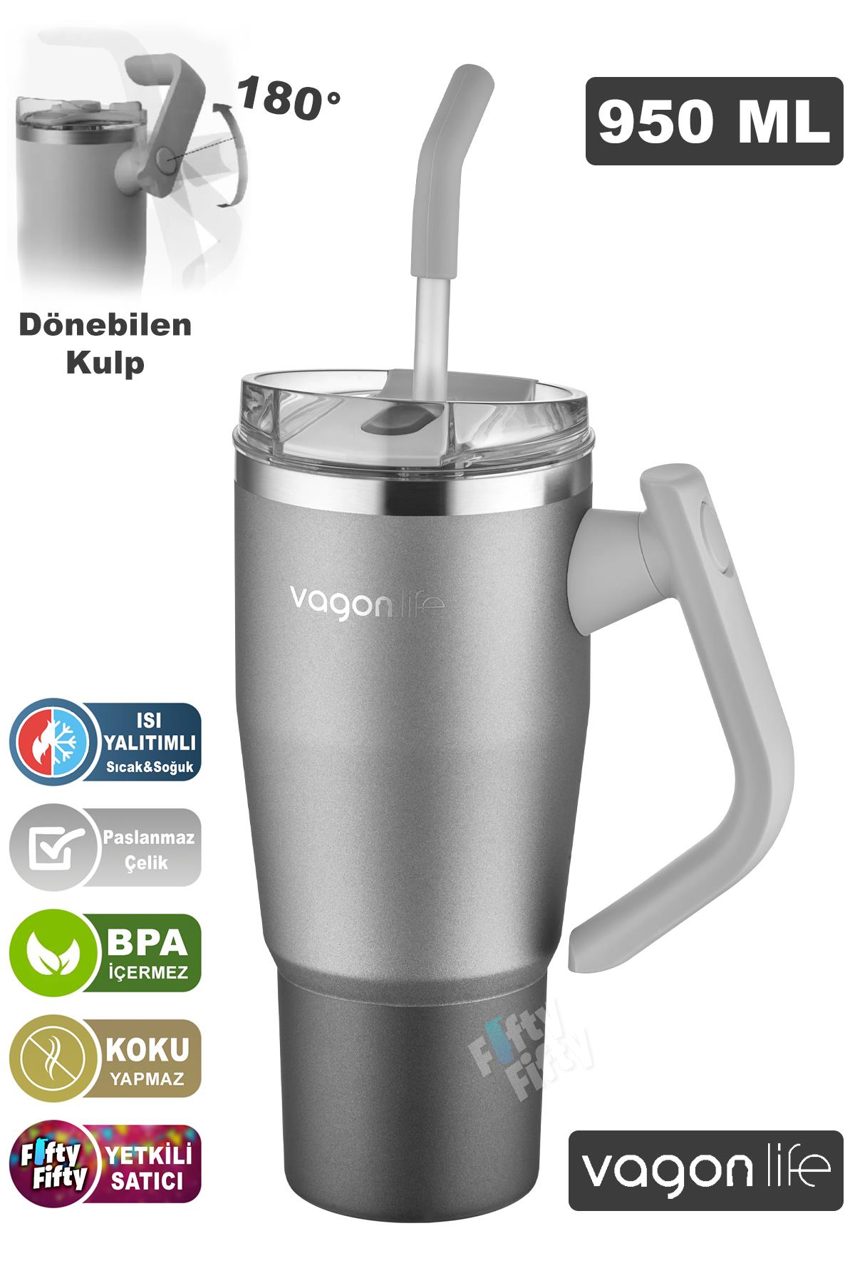 Vagonlife Tumbler Cup 0.94ML/34oz Pipetli/Rahat İçim Vakumlu Paslanmaz Çelik Termos-FFVGN1007-950ML - Silver