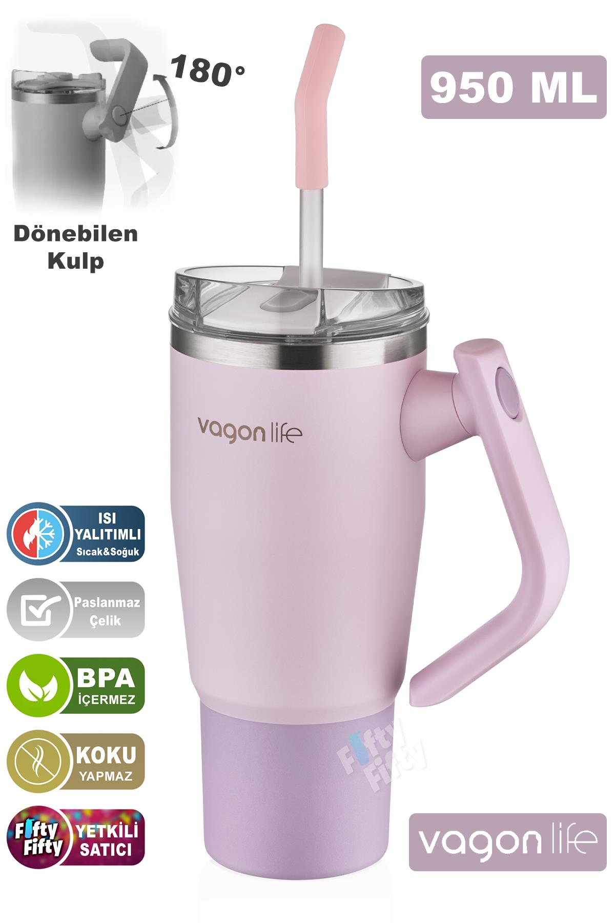Vagonlife Tumbler Cup 0.94ML/34oz Pipetli/Rahat İçim Vakumlu Paslanmaz Çelik Termos-FFVGN1007-950ML - Pudra