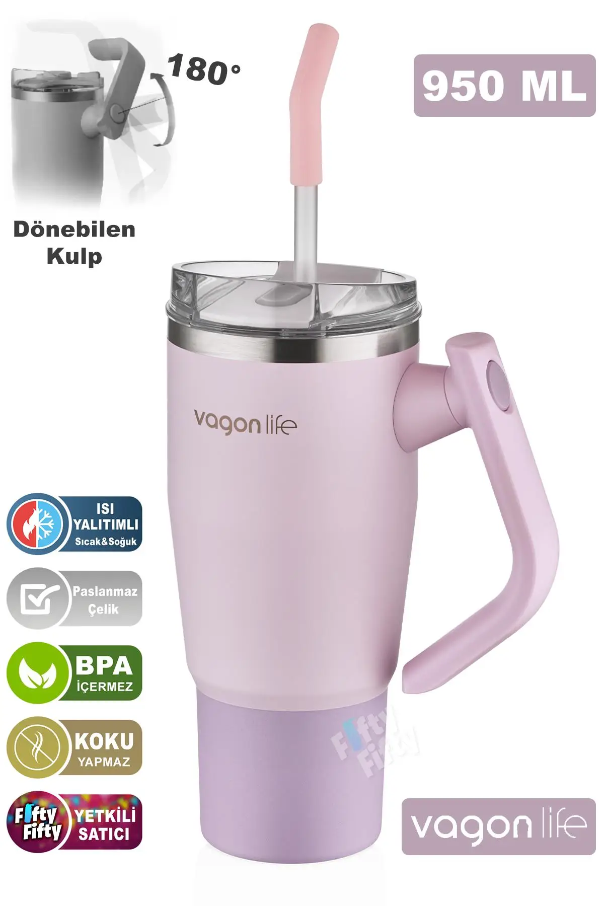 Vagonlife Tumbler Cup 0.94ML/34oz Pipetli/Rahat İçim Vakumlu Paslanmaz Çelik Termos-FFVGN1007-950ML - Pudra