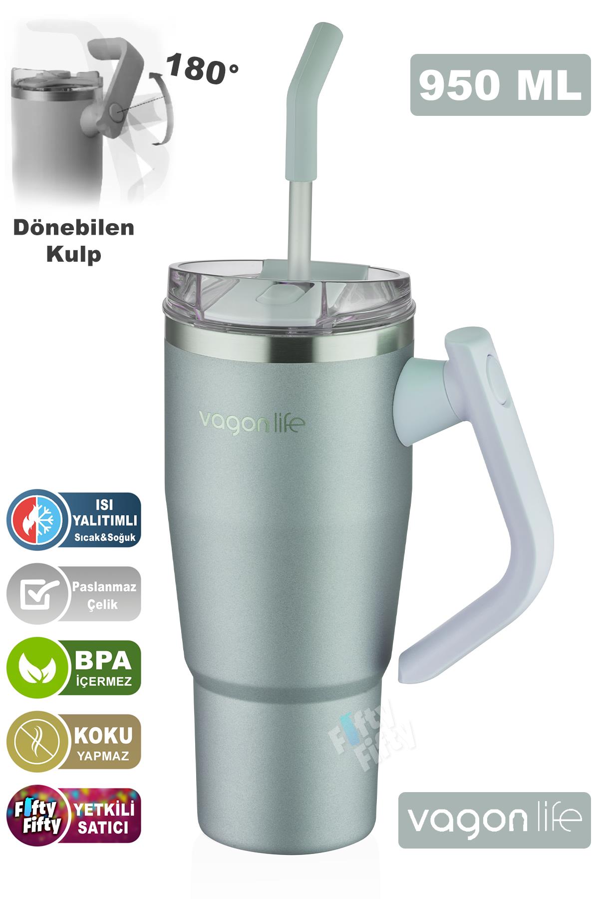 Vagonlife Tumbler Cup 0.94ML/34oz Pipetli/Rahat İçim Vakumlu Paslanmaz Çelik Termos-FFVGN1007-950ML - Mavi