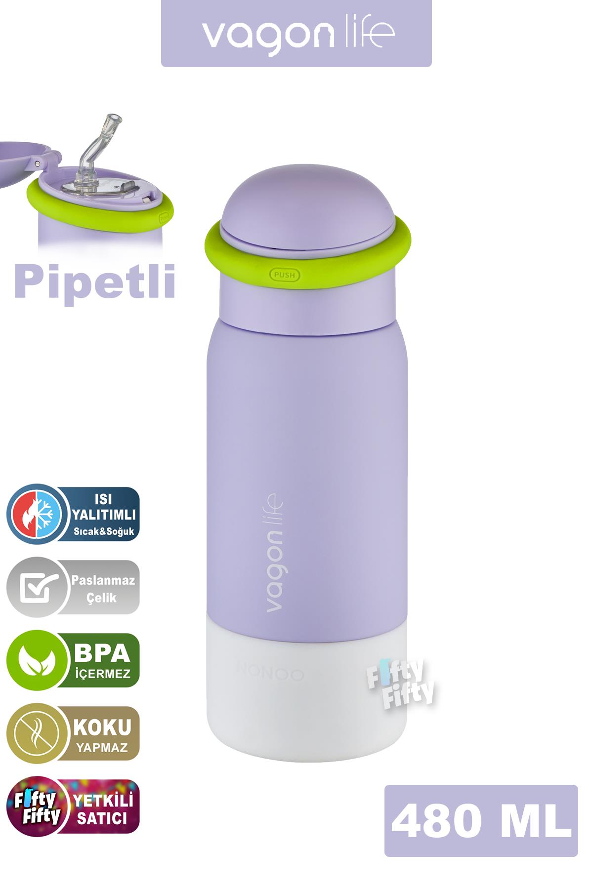 Vagonlife 480 ML Çocuk Pipetli Paslanmaz Çelik Termos/Su Matarası-FFVGN1006-480ML - Mor