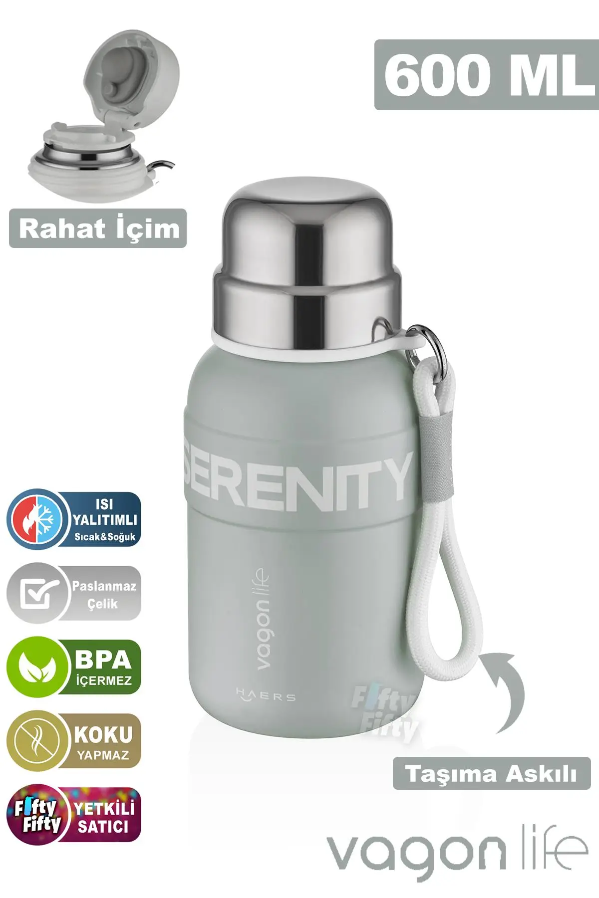 Vagonlife 600 ML Paslanmaz Çelik Termos/Su Matarası Rahat İçim-Taşıma Askılı-FF1005-600ml