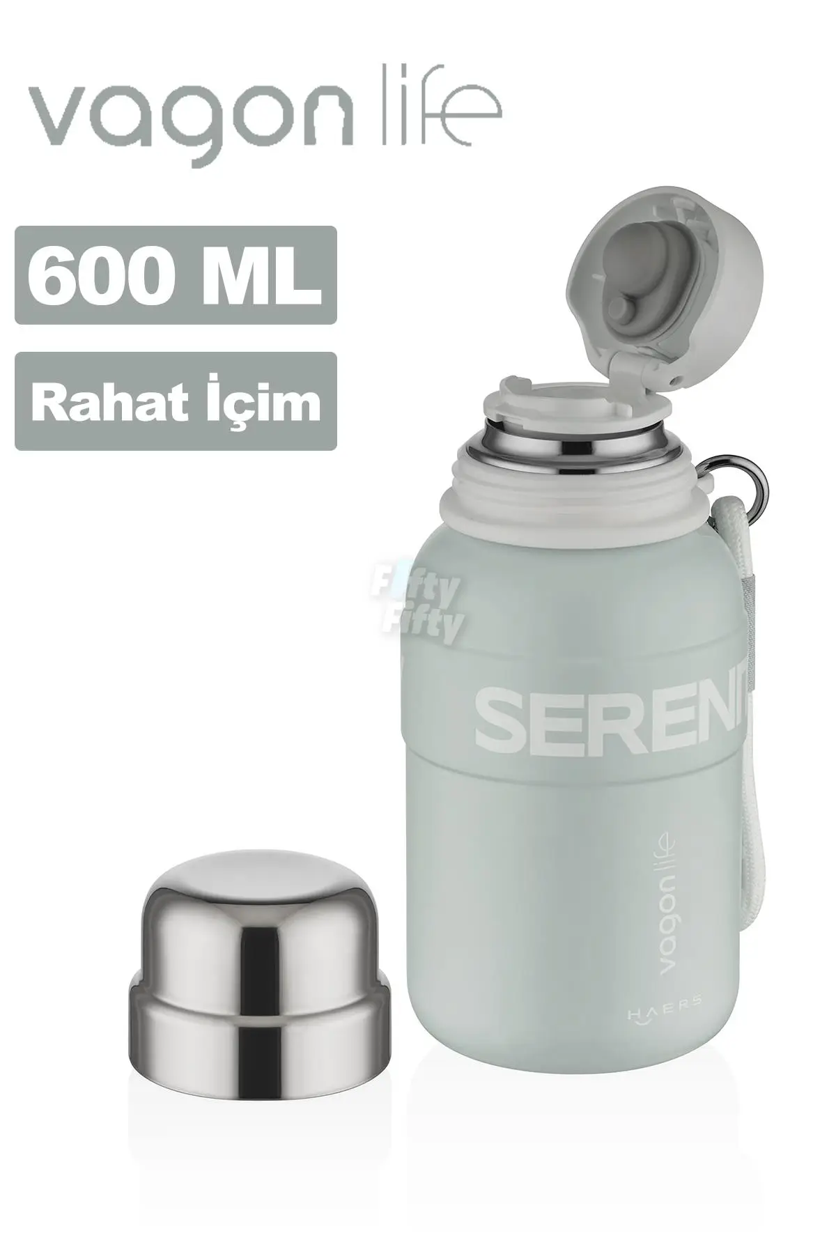 Vagonlife 600 ML Paslanmaz Çelik Termos/Su Matarası Rahat İçim-Taşıma Askılı-FF1005-600ml