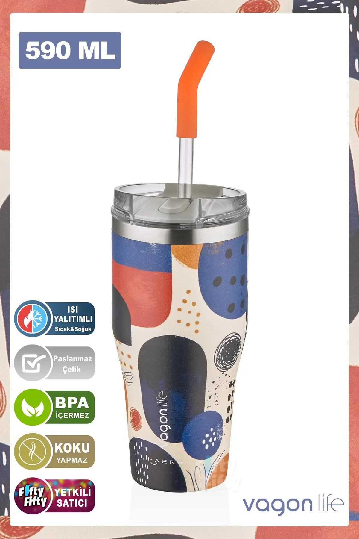 Vagonlife Tumbler Özel Desenli Cup 590 ML Vakumlu Paslanmaz Çelik Termos Pipetli/Rahat İçim -FFVGN1001-590ML